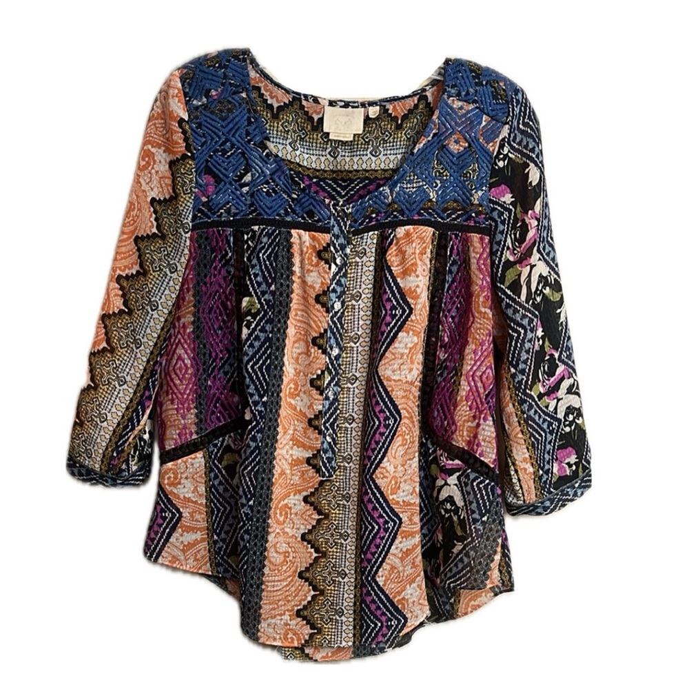 Anthropologie Vanessa Virginia Sz 8 Blue Embroidered 3/4 Sleeve Blouse JWas Vibe